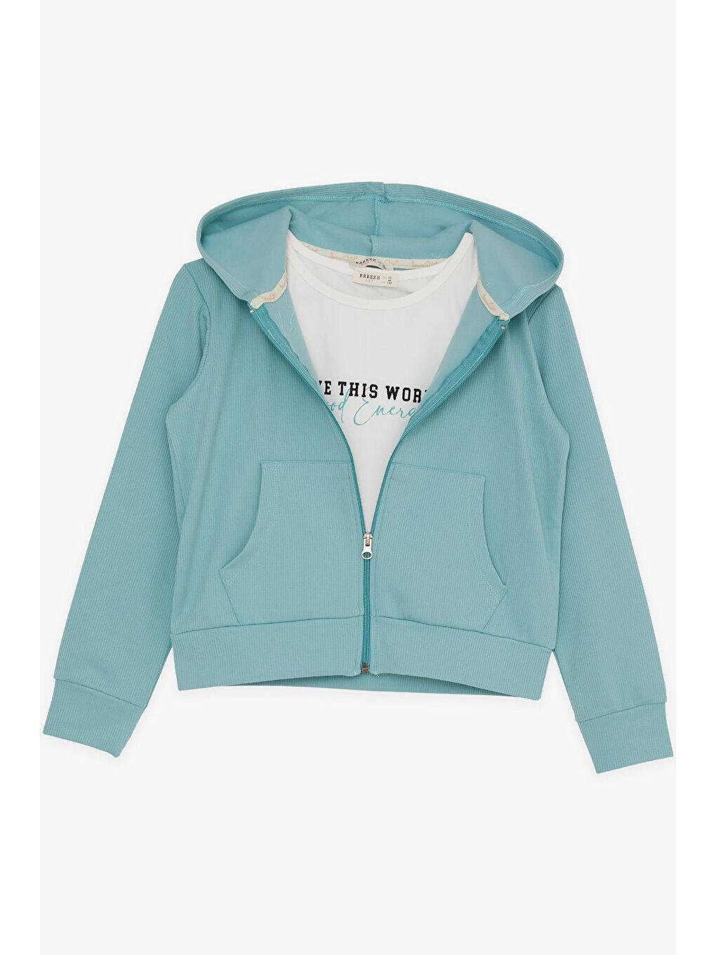 Turkuaz Kız Çocuk 3 lü Taytlı Takım Fitilli Fermuarlı Yazı Baskılı Su Yeşili (9-14 Yaş)-2