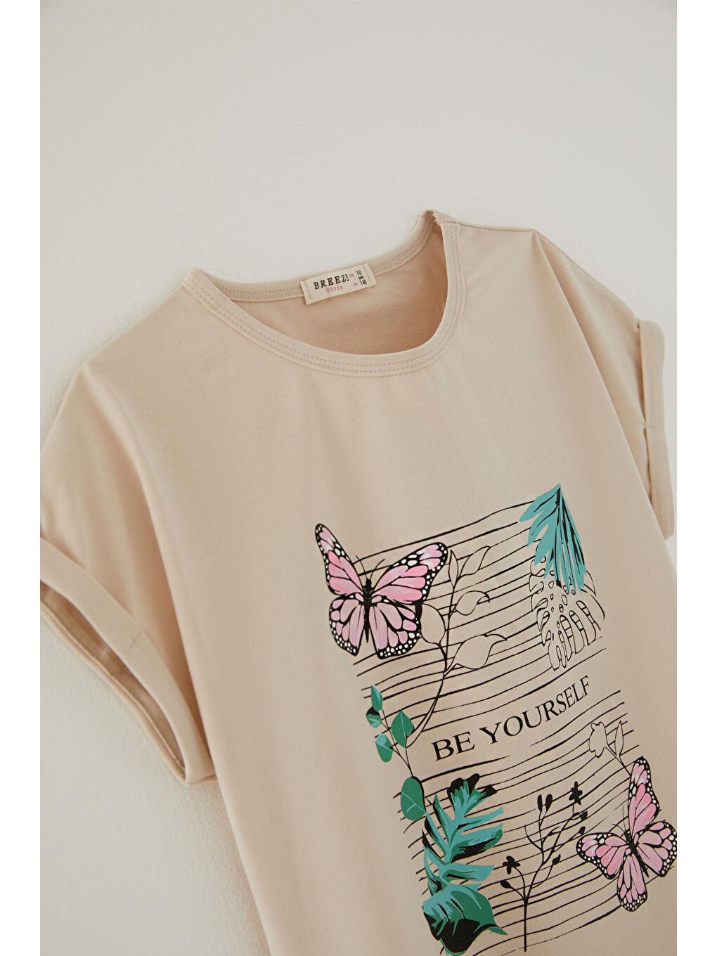 Kız Çocuk Tişört Kelebek & Çiçek Baskılı Bej (10-16 Yaş)-2