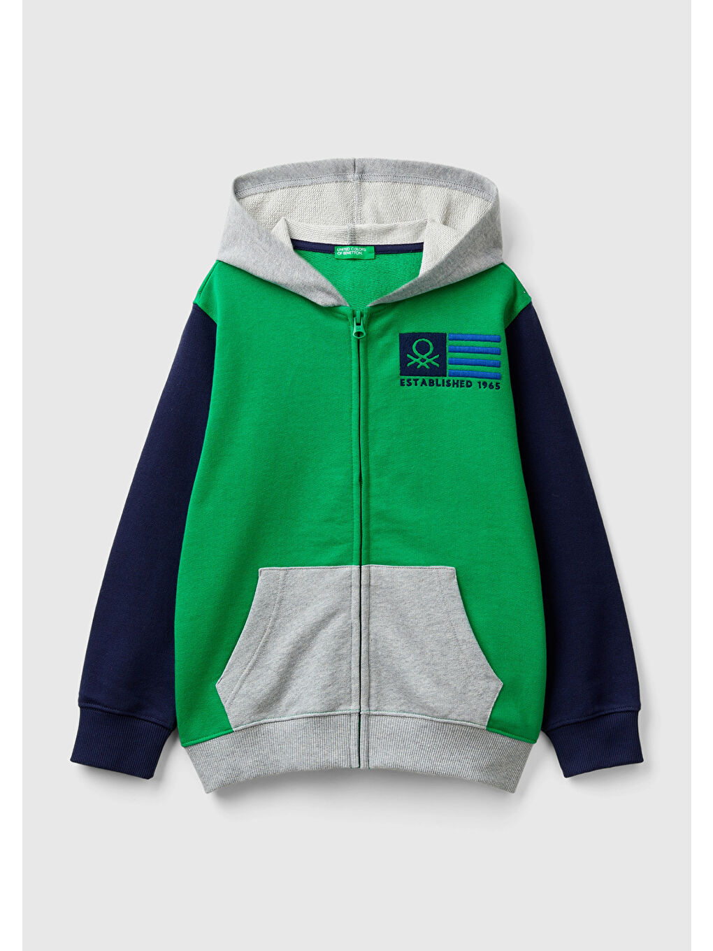 United Colors Of Benetton Erkek Çocuk Yeşil Mix Önü Logo İşlemeli Fermuarlı ve Kapüşonlu Sweatshirt