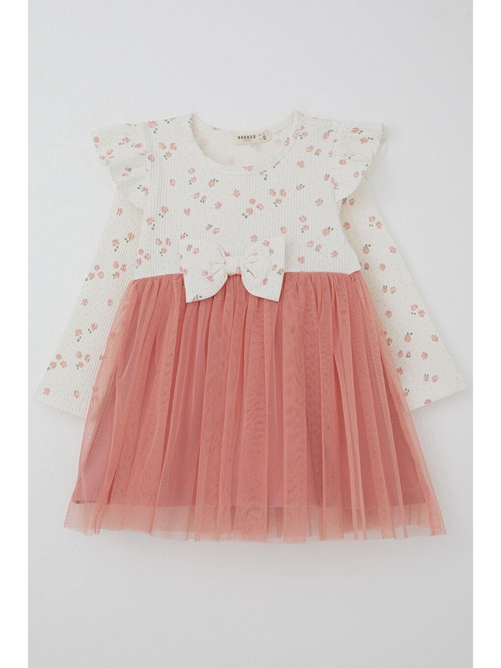 Kız Bebek Uzun Kollu Elbise Çiçekli Fiyonklu Tüllü Ekru (1.5-2 Yaş)