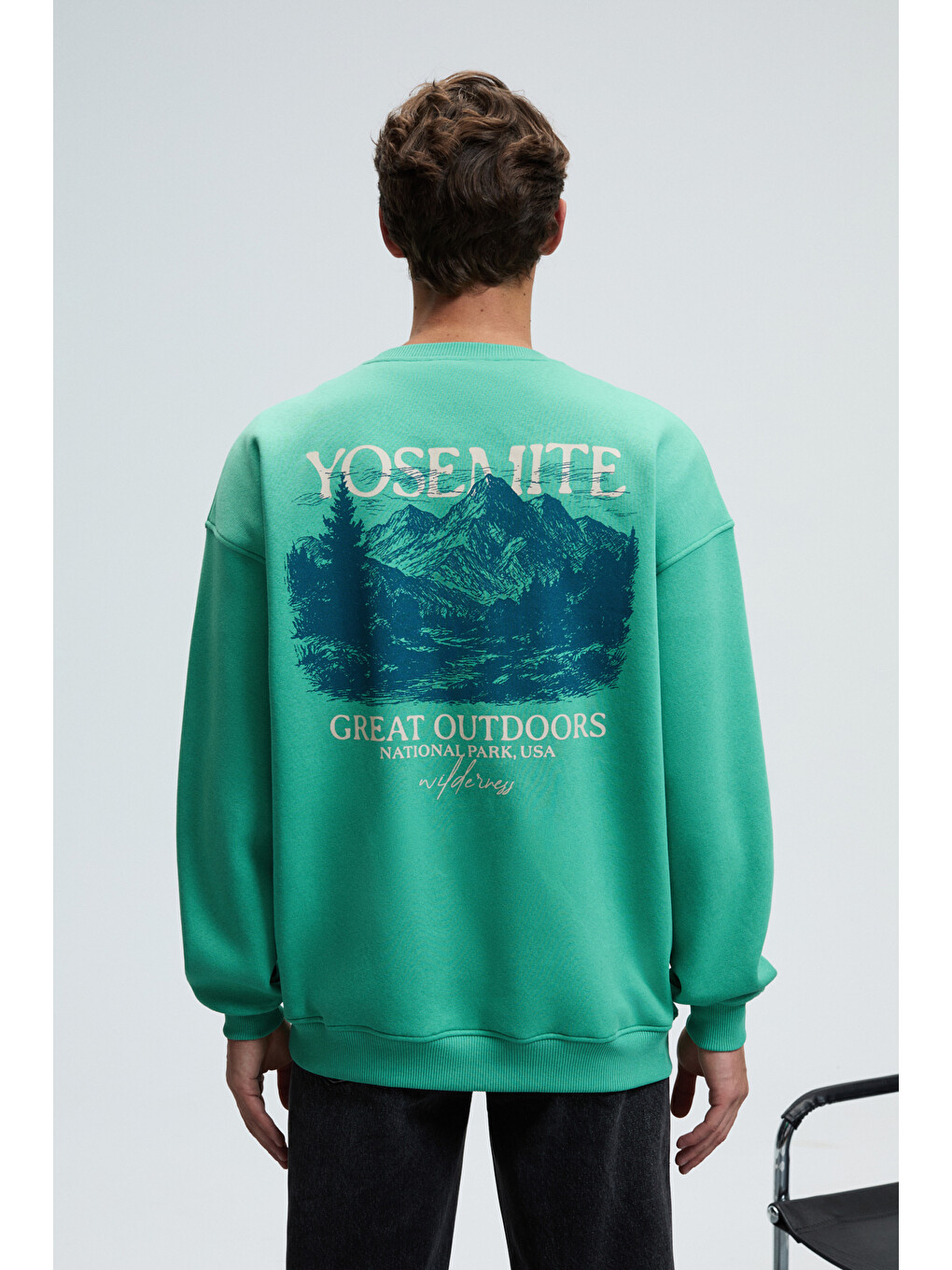 Percy Erkek Yuvarlak Yaka Göğsü Nakışlı Sırtı Baskılı Oversize Yeşil Sweatshirt-6