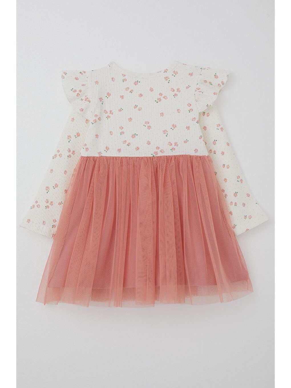 Kız Bebek Uzun Kollu Elbise Çiçekli Fiyonklu Tüllü Ekru (1.5-2 Yaş)-1