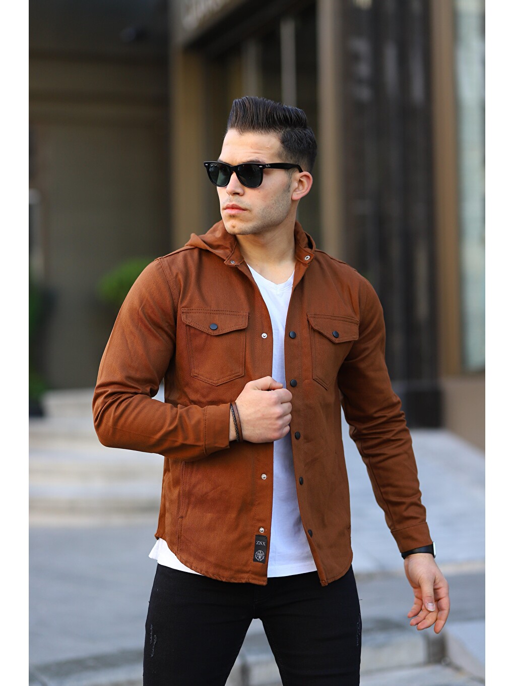 Kahverengi Erkek Kapüşonlu Çıt Çıt Düğme ( Regular Fit ) Jean Gömlek