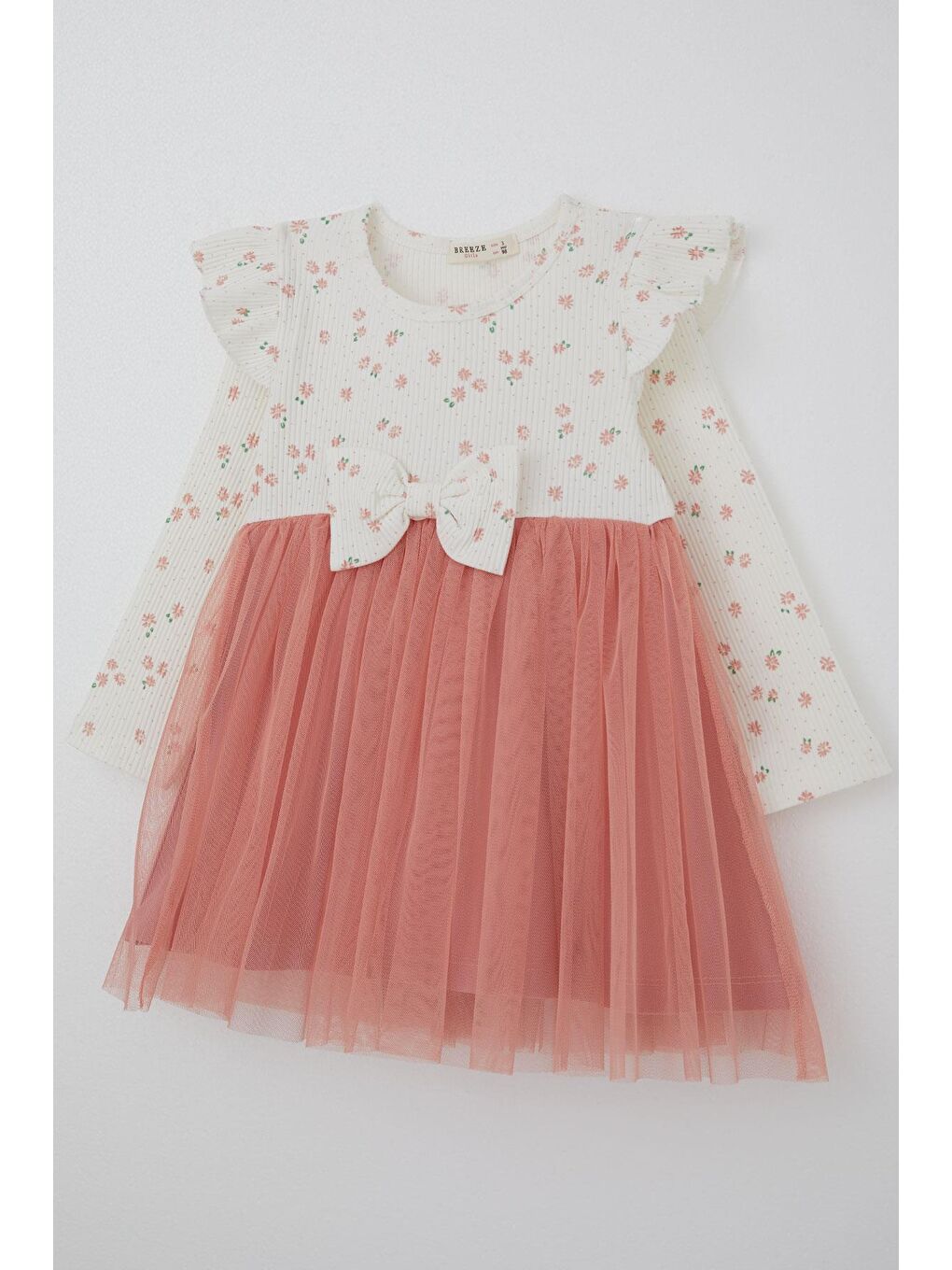 Kız Bebek Uzun Kollu Elbise Çiçekli Fiyonklu Tüllü Ekru (1.5-2 Yaş)-2