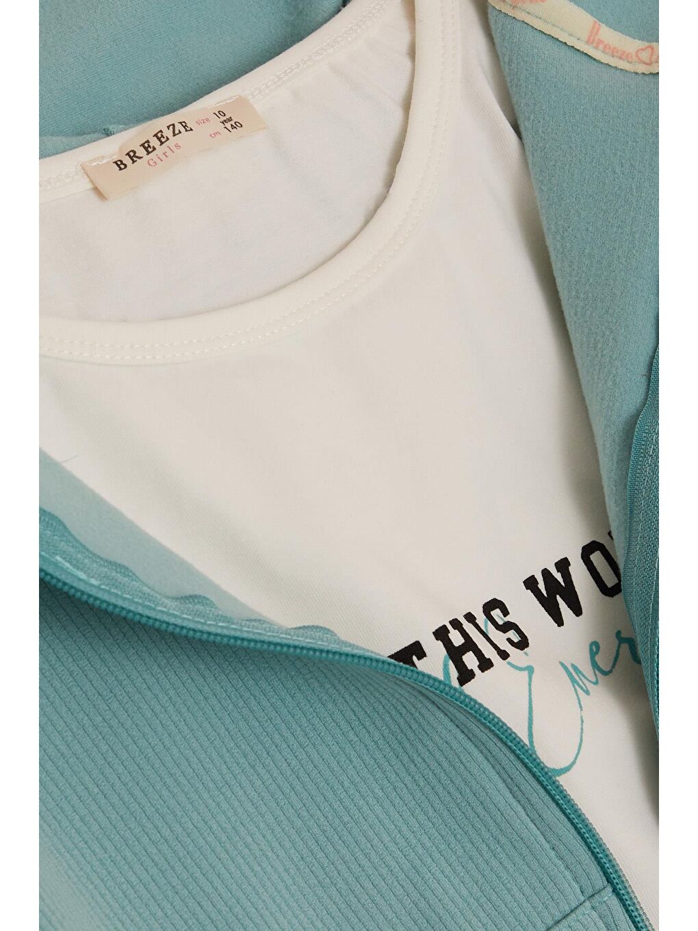 Turkuaz Kız Çocuk 3 lü Taytlı Takım Fitilli Fermuarlı Yazı Baskılı Su Yeşili (9-14 Yaş)-4