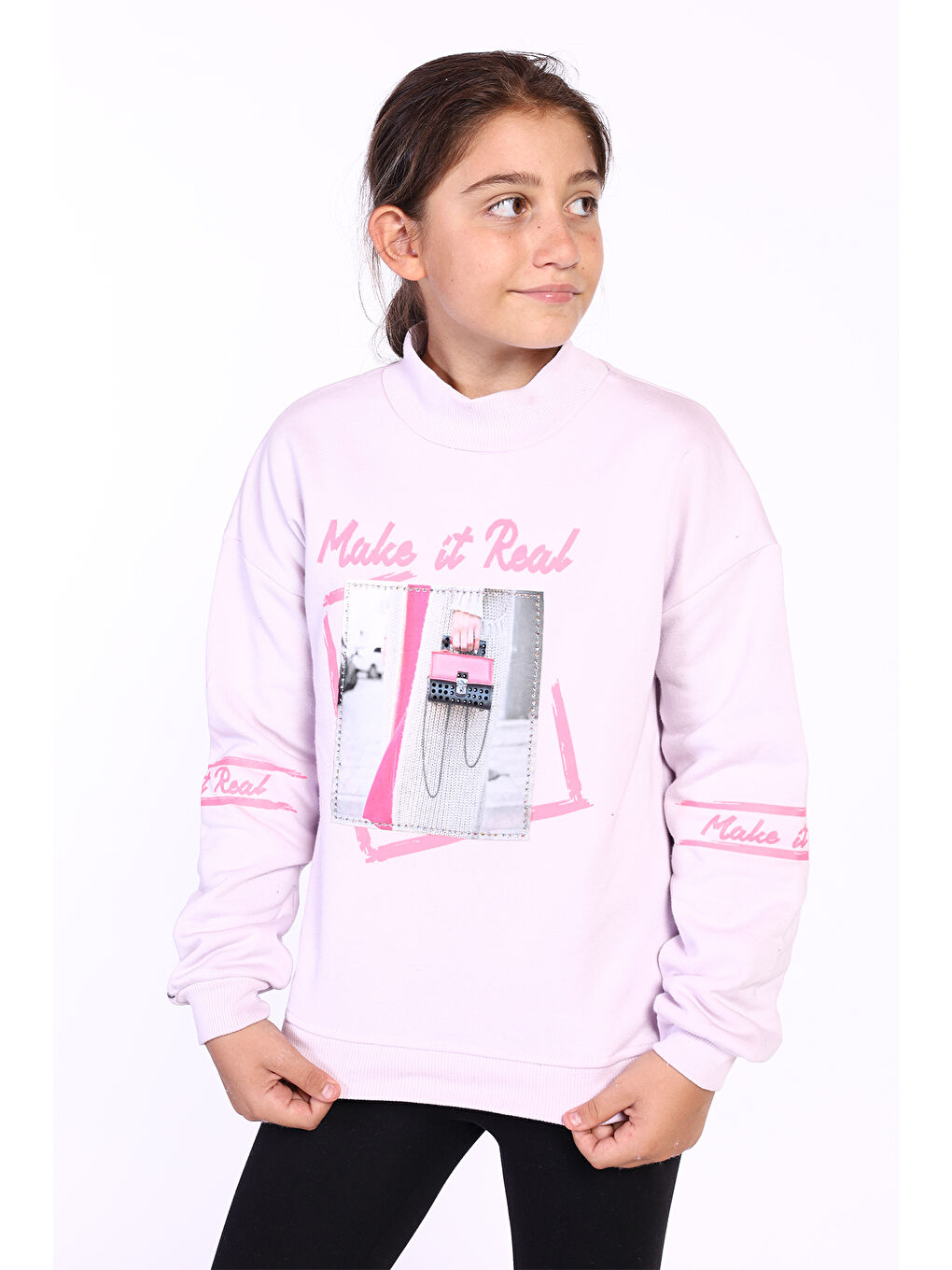 Toontoykids Pembe Kız Çocuk Baskılı Taş İşlemeli Balıkçı Yaka Sweatshirt