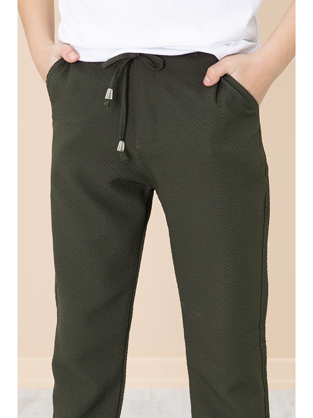 Haki Duble Paça Erkek Çocuk Jogger Kumaş Pantolon 20054-2