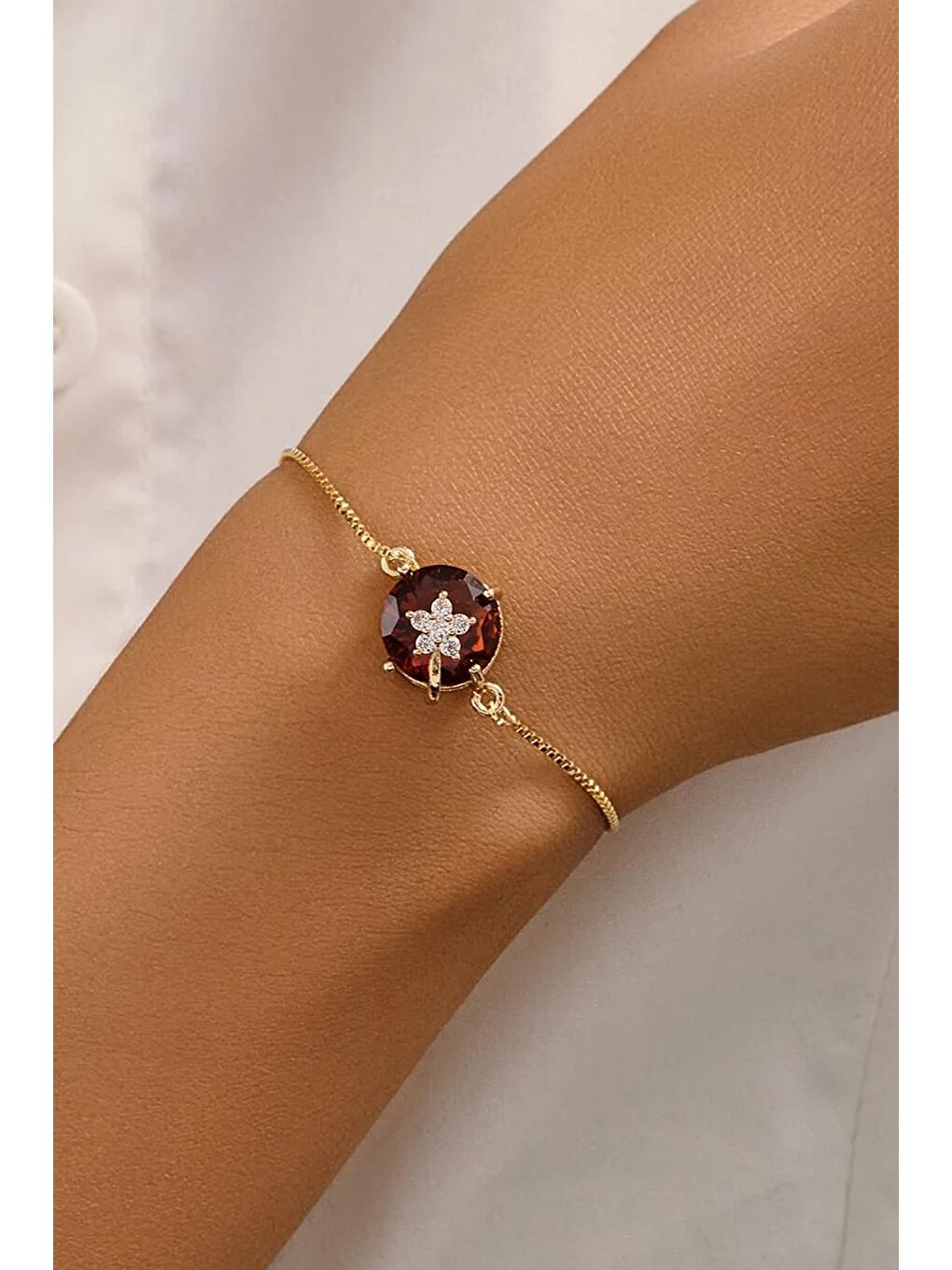 Kırmızı 18 Ayar Gerçek Altın Kaplama Kristal Taşlı Asansör Bileklik-2