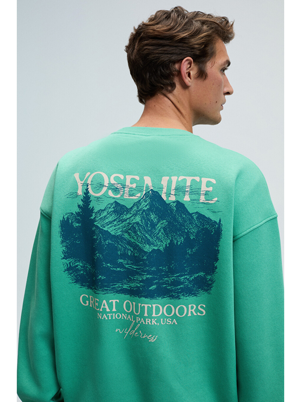 Percy Erkek Yuvarlak Yaka Göğsü Nakışlı Sırtı Baskılı Oversize Yeşil Sweatshirt-7