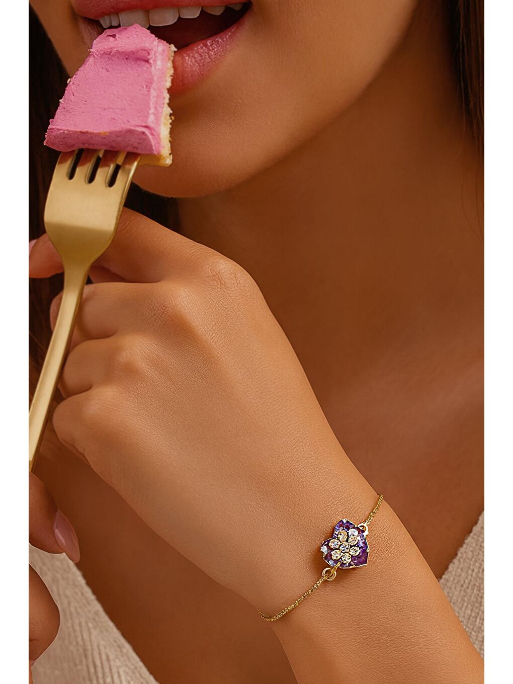 Pembe 18 Ayar Gerçek Altın Kaplama Kristal Taşlı Asansör Bileklik