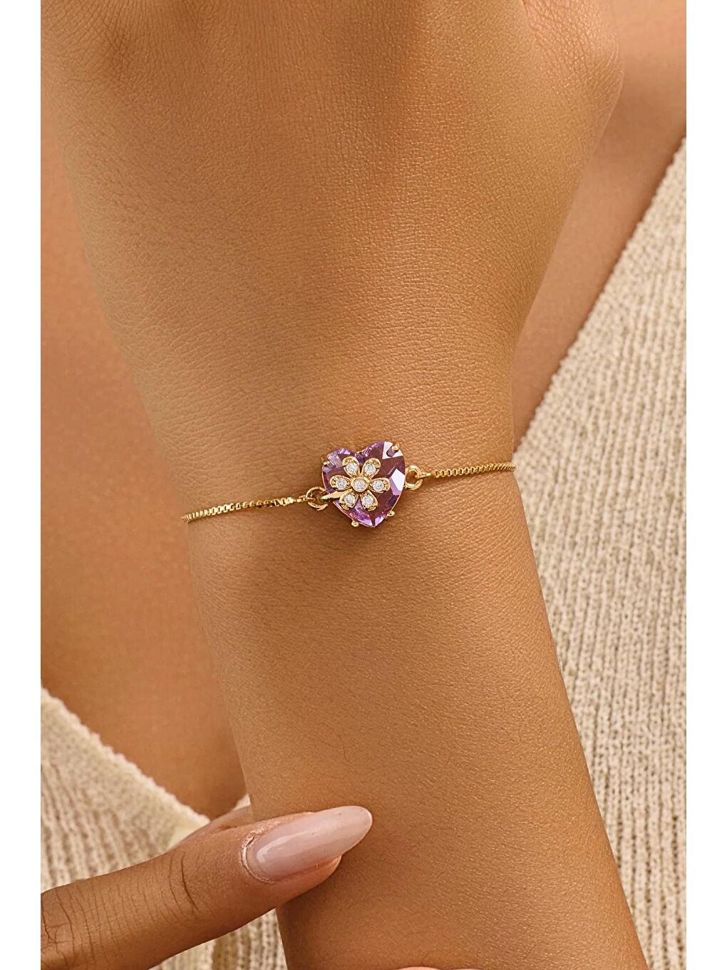 Pembe 18 Ayar Gerçek Altın Kaplama Kristal Taşlı Asansör Bileklik-1
