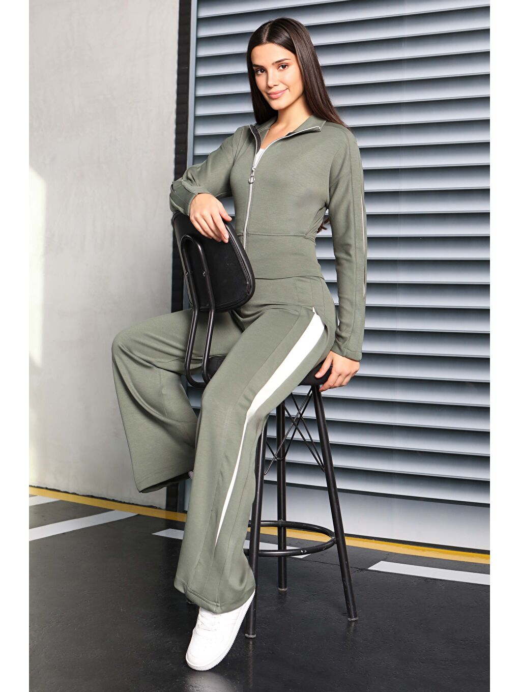 Çizgi Detaylı Garnili Modal İkili Takım Haki - 27881-HAKI