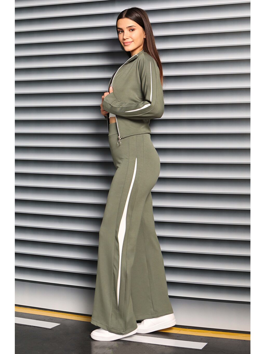 Çizgi Detaylı Garnili Modal İkili Takım Haki - 27881-HAKI-2