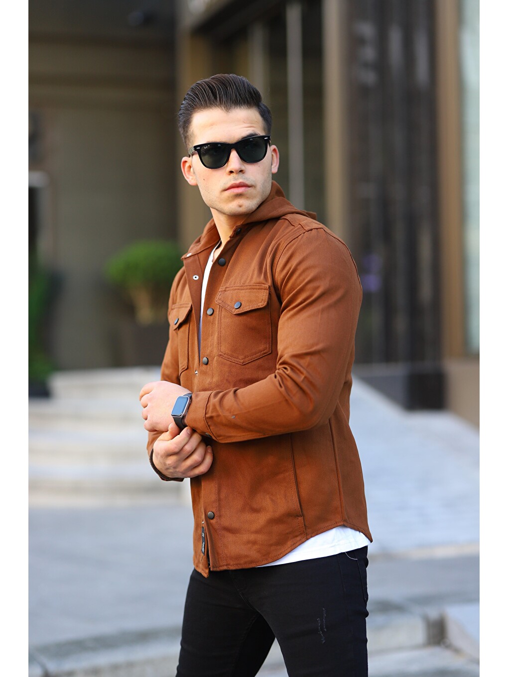 Kahverengi Erkek Kapüşonlu Çıt Çıt Düğme ( Regular Fit ) Jean Gömlek-1