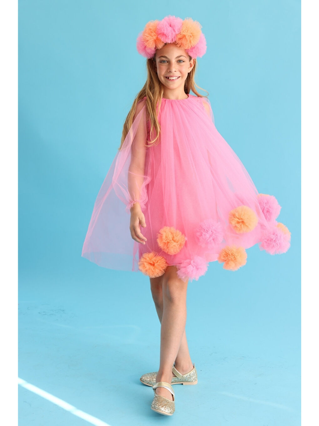 Fuşya Uzun Kollu Etek Ucu Ponpon Detaylı Kız Çocuk Elbise - Kathy-1