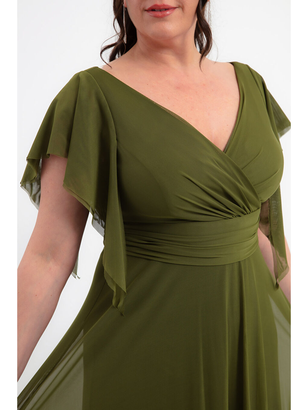 Kadın Haki V Yaka Kısa Kollu Büyük Beden Uzun Abiye Elbise-2