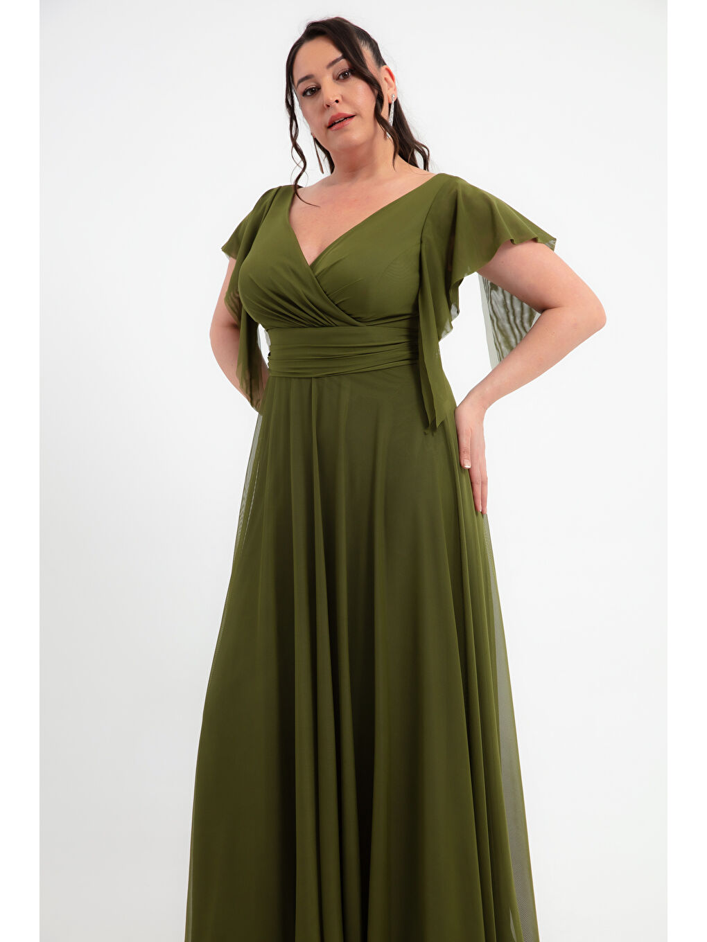 Kadın Haki V Yaka Kısa Kollu Büyük Beden Uzun Abiye Elbise-3