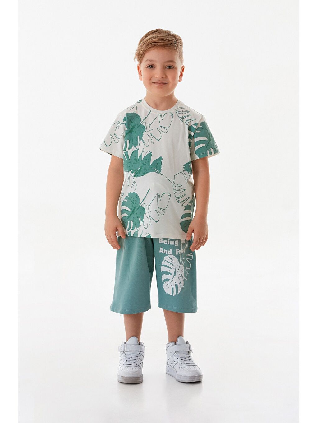 Turkuaz Yaprak Baskılı 2 Li Erkek Çocuk Şortlu Takım-1