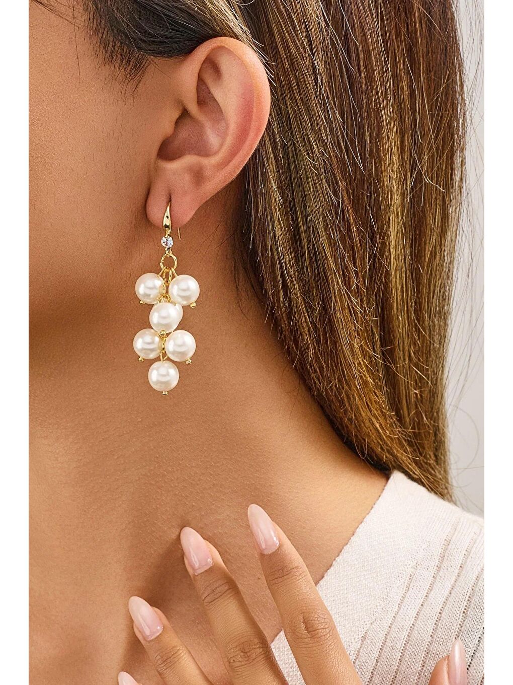 Sarı 18K Altın Kaplama Salkım İnci Küpe-4