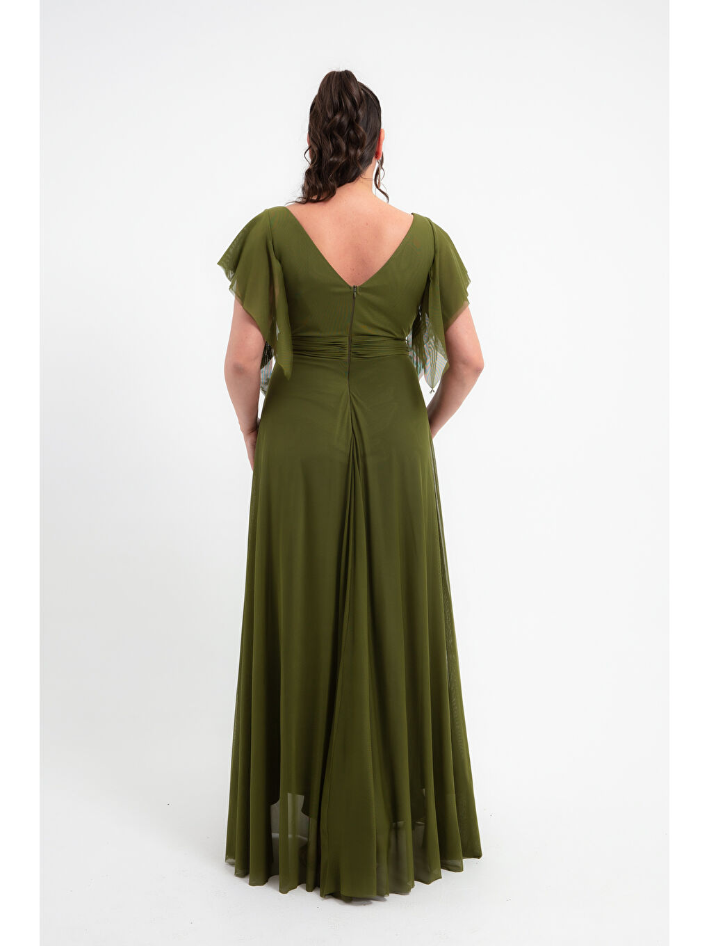 Kadın Haki V Yaka Kısa Kollu Büyük Beden Uzun Abiye Elbise-4