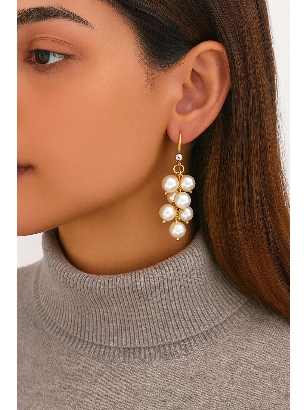 Sarı 18K Altın Kaplama Salkım İnci Küpe-5