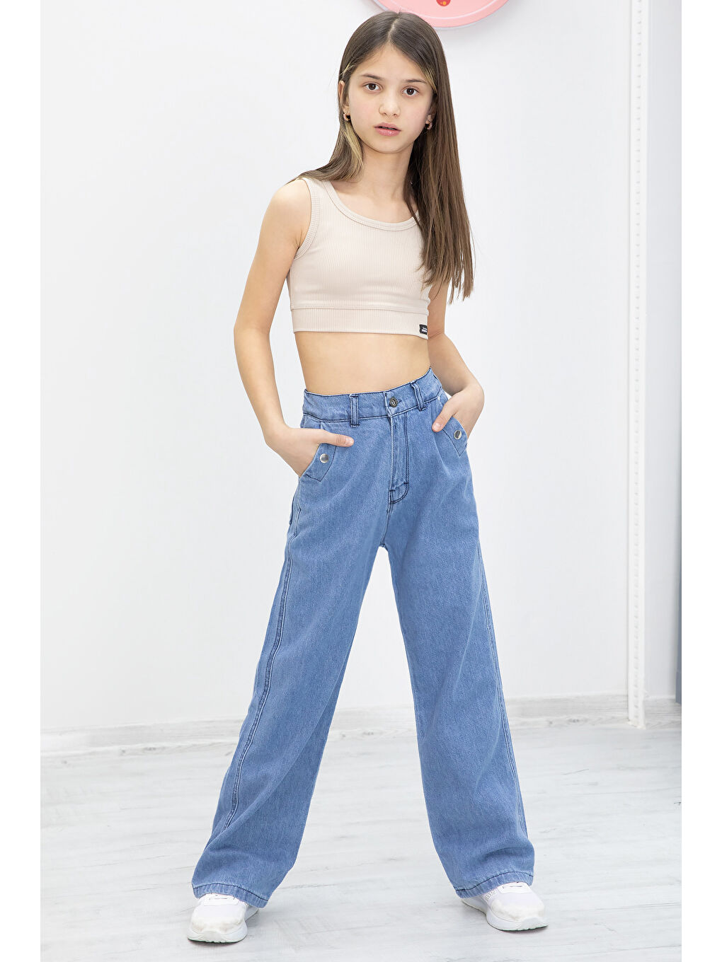 Mavi Geniş Paça Bel Lastikli Kız Çocuk Jean Pantolon 20049