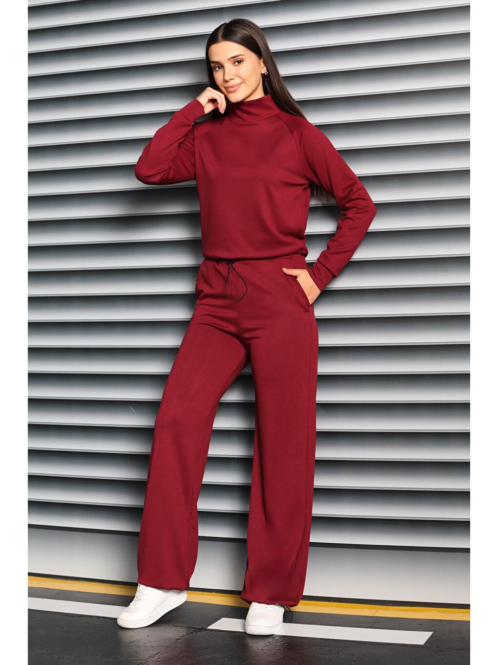 Beli Lastikli Detaylı Modal İkili Takım Bordo - 27876-BORDO