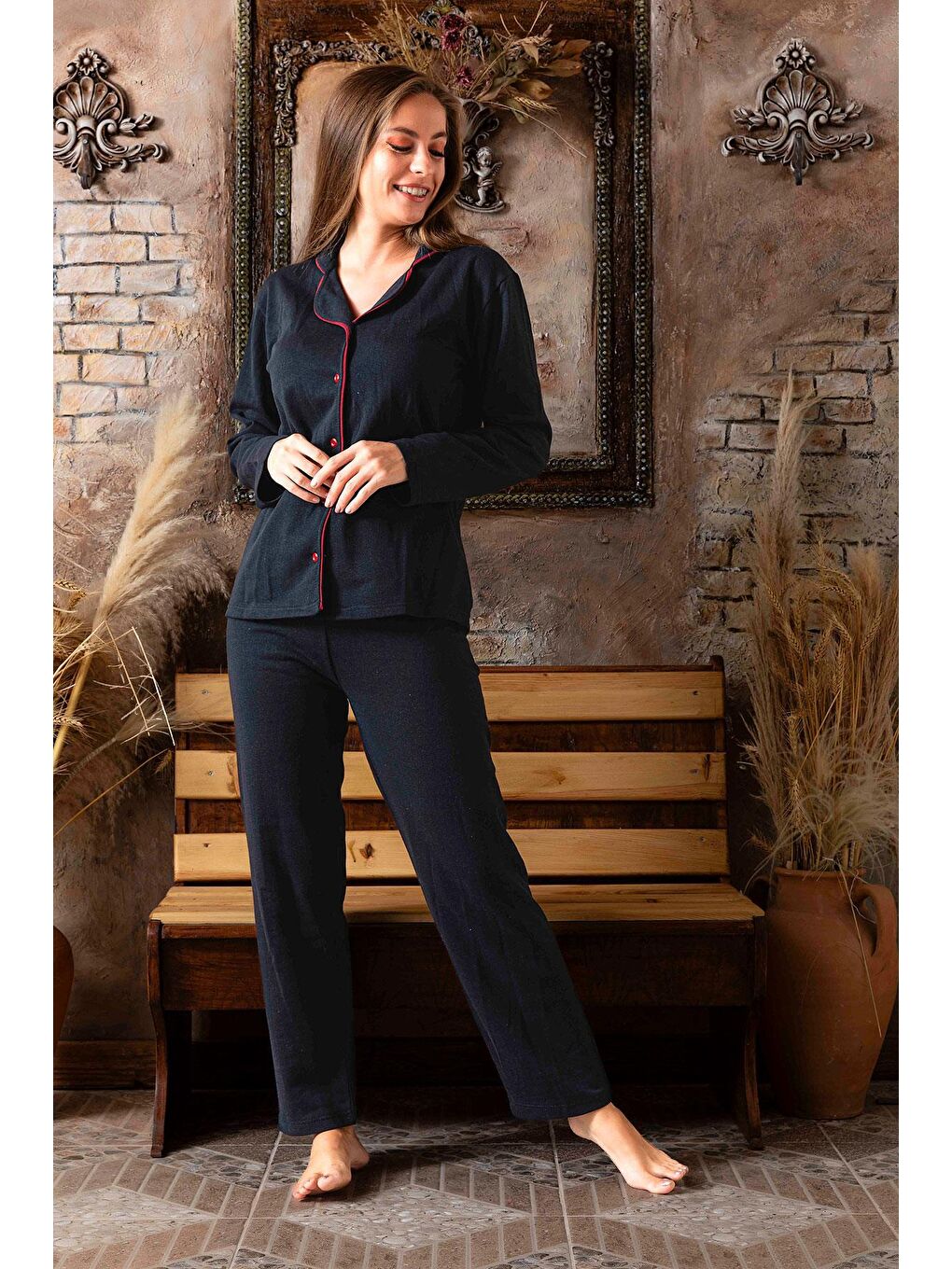 Kompedan Lacivert Kadın Genç İki İplik Önden Düğmeli Pijama Takım | P-200-311