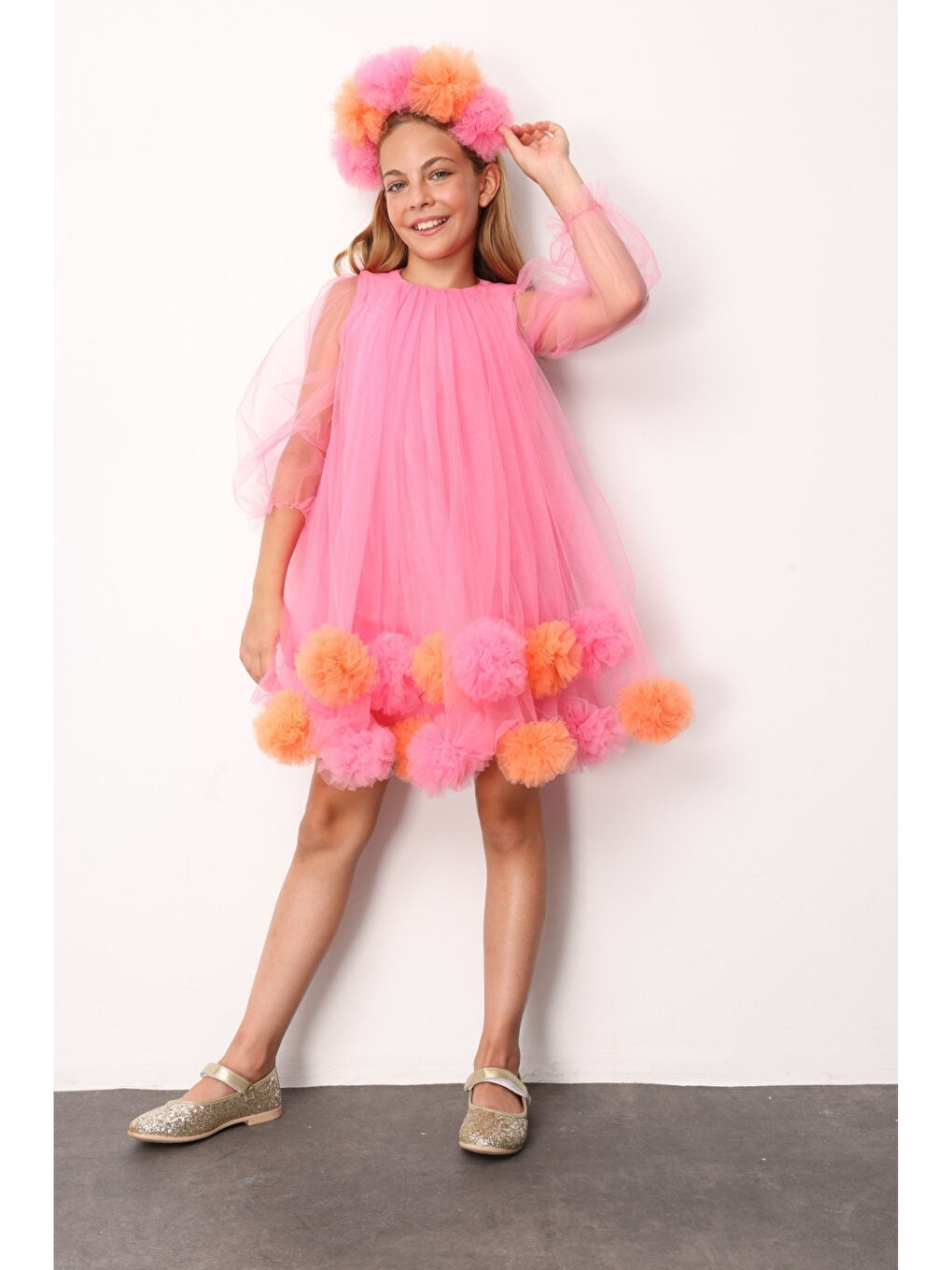 Fuşya Uzun Kollu Etek Ucu Ponpon Detaylı Kız Çocuk Elbise - Kathy-2