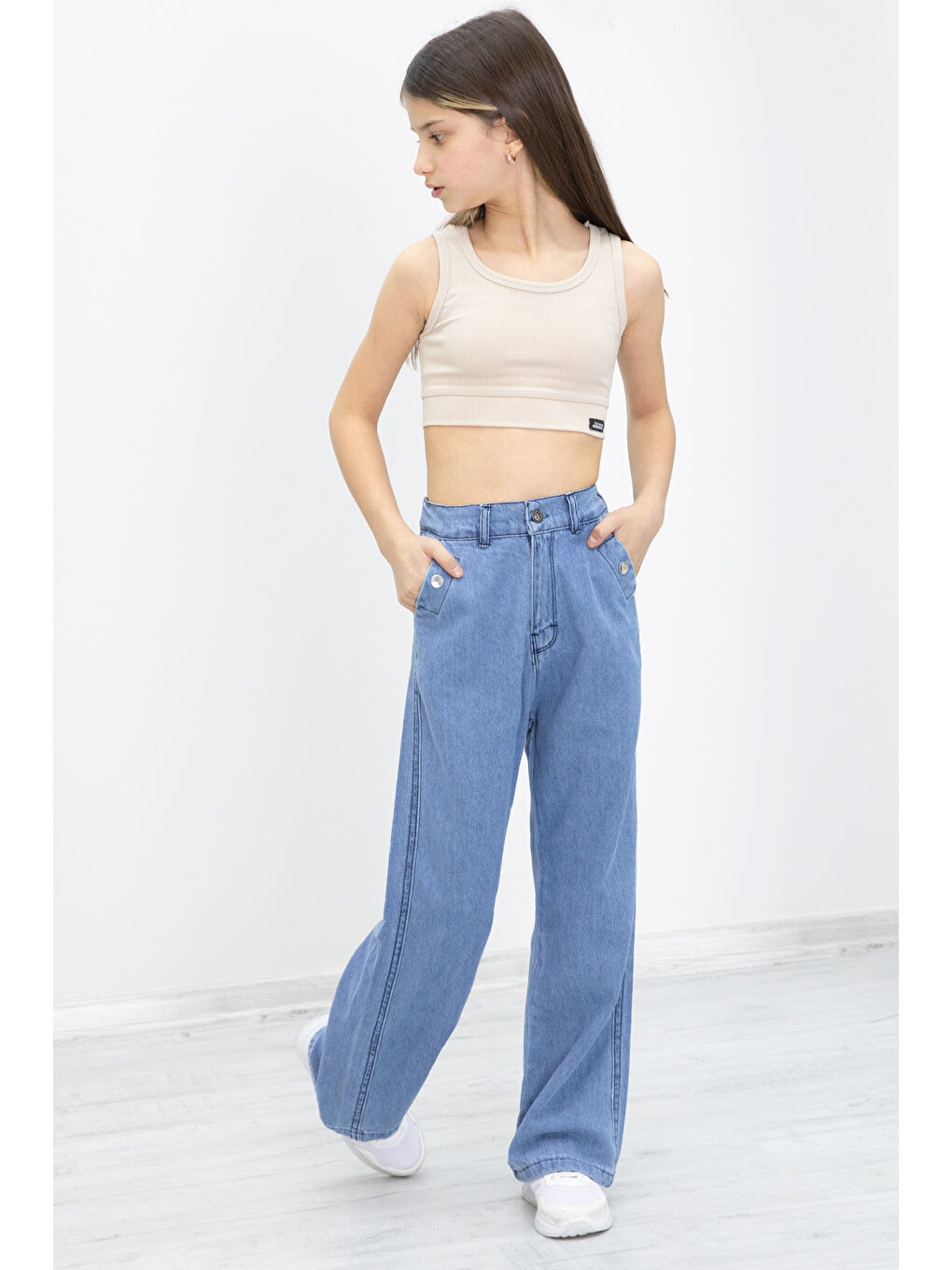 Mavi Geniş Paça Bel Lastikli Kız Çocuk Jean Pantolon 20049-1