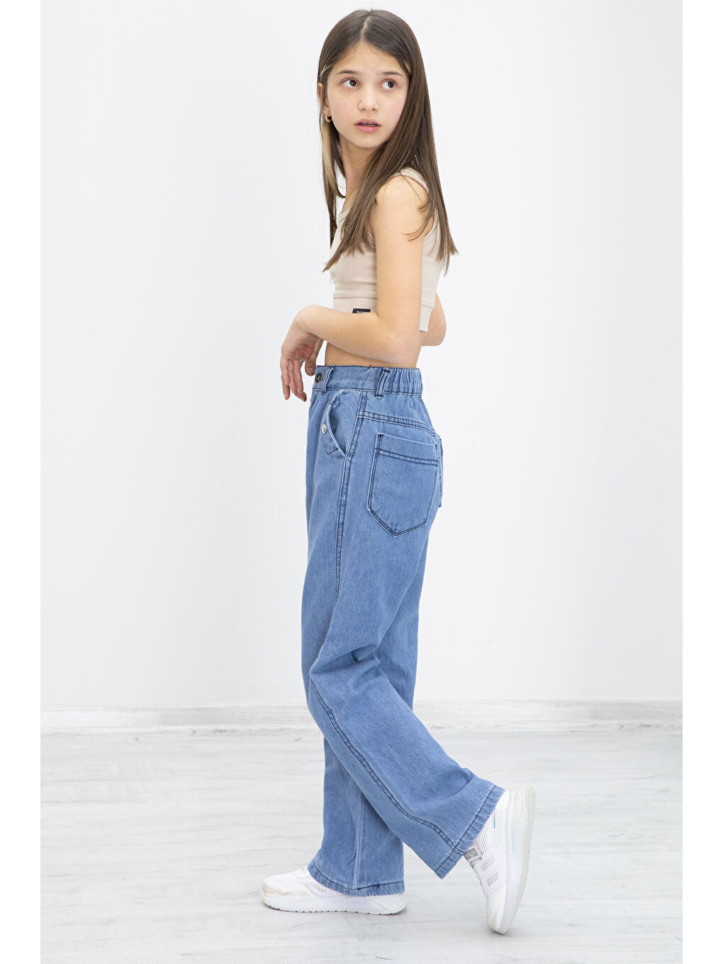Mavi Geniş Paça Bel Lastikli Kız Çocuk Jean Pantolon 20049-2