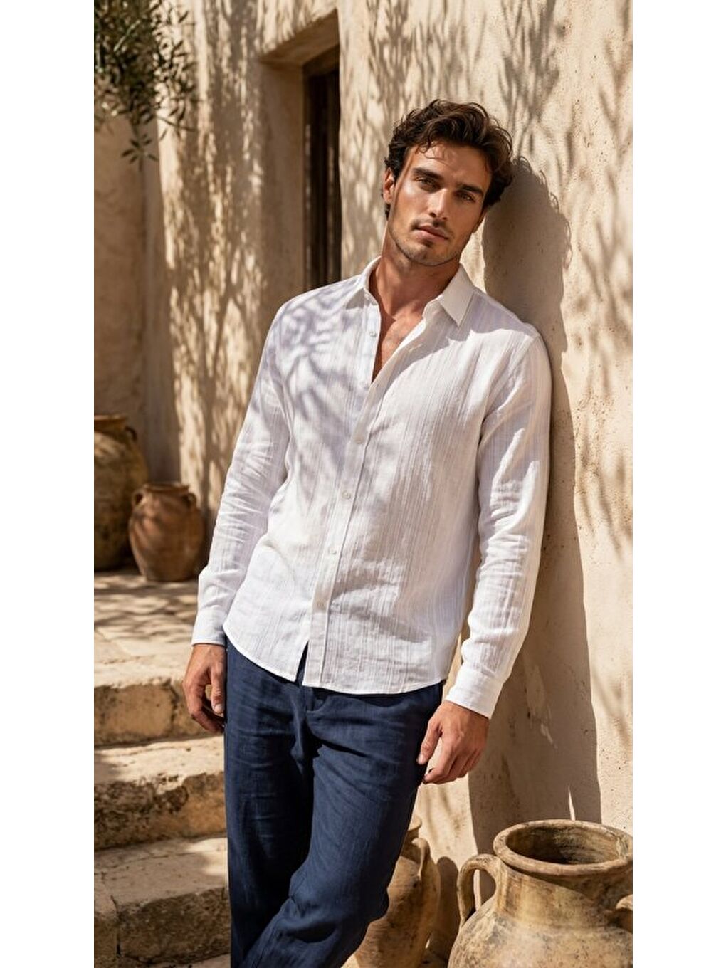 Beyaz Erkek Armürlü Yarım Oversize Müslin Gömlek-1