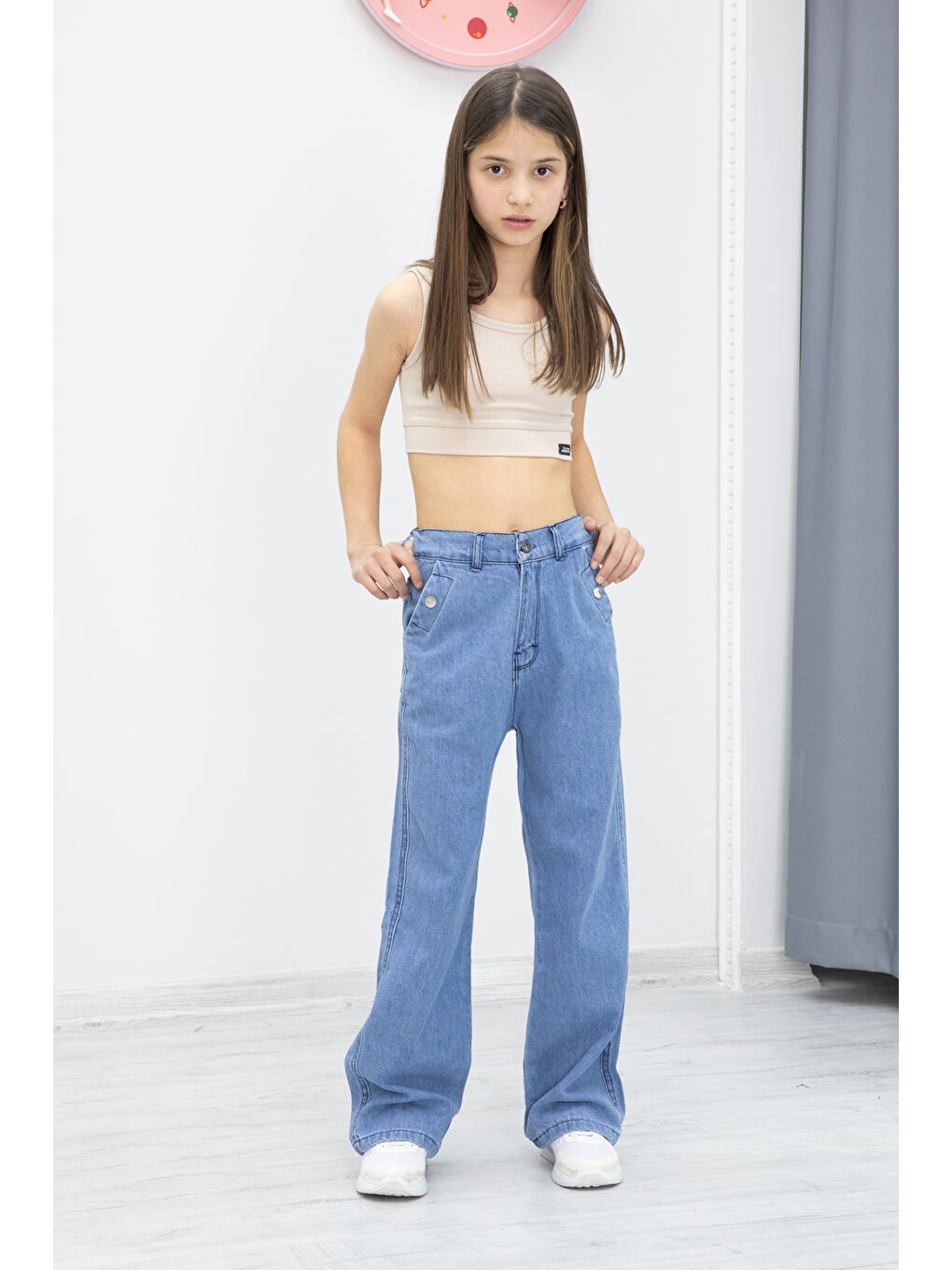 Mavi Geniş Paça Bel Lastikli Kız Çocuk Jean Pantolon 20049-3