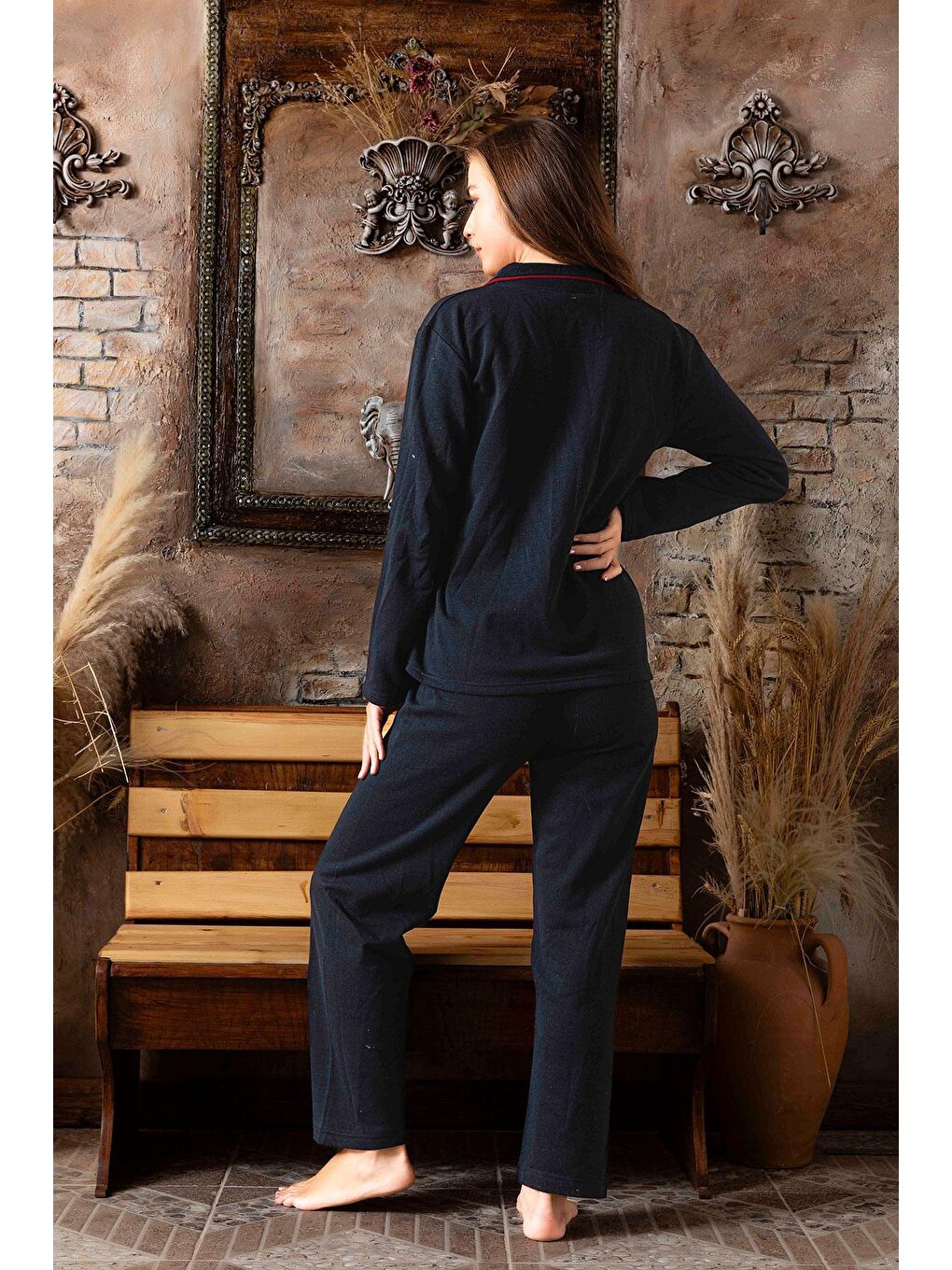 Kompedan Lacivert Kadın Genç İki İplik Önden Düğmeli Pijama Takım | P-200-311 - 1