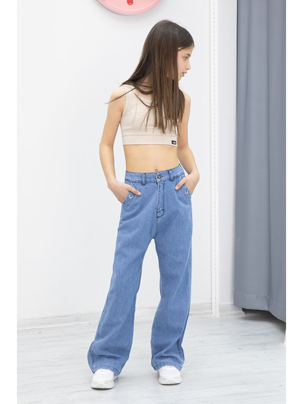 Mavi Geniş Paça Bel Lastikli Kız Çocuk Jean Pantolon 20049-4