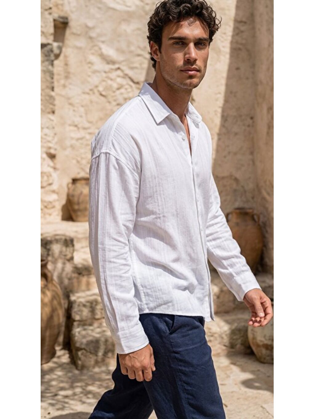 Beyaz Erkek Armürlü Yarım Oversize Müslin Gömlek-2