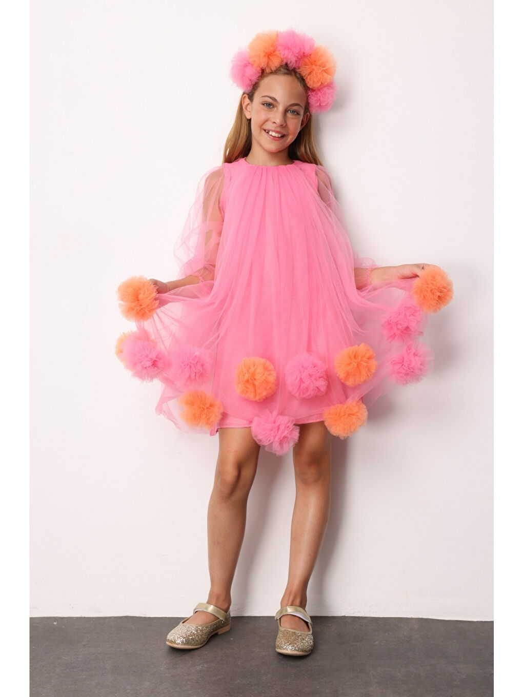 Fuşya Uzun Kollu Etek Ucu Ponpon Detaylı Kız Çocuk Elbise - Kathy-3