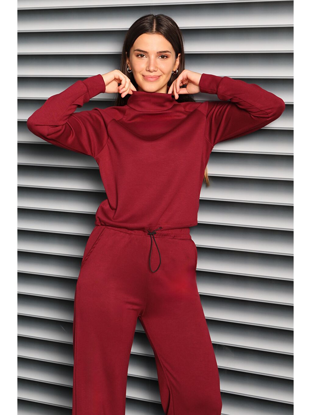 Beli Lastikli Detaylı Modal İkili Takım Bordo - 27876-BORDO-1