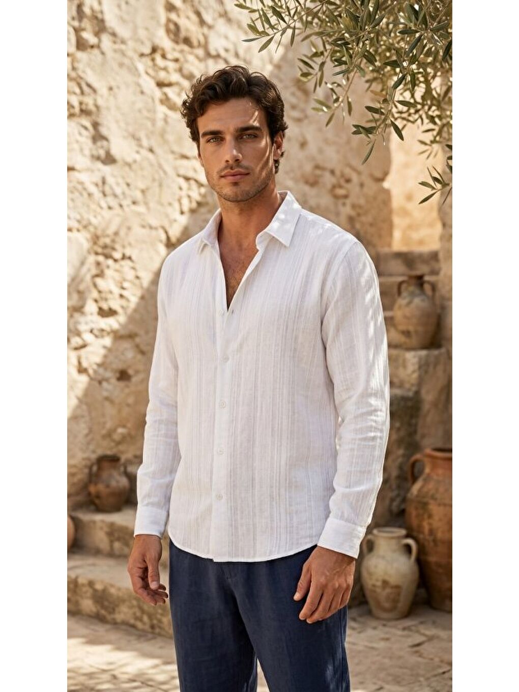 Beyaz Erkek Armürlü Yarım Oversize Müslin Gömlek-3