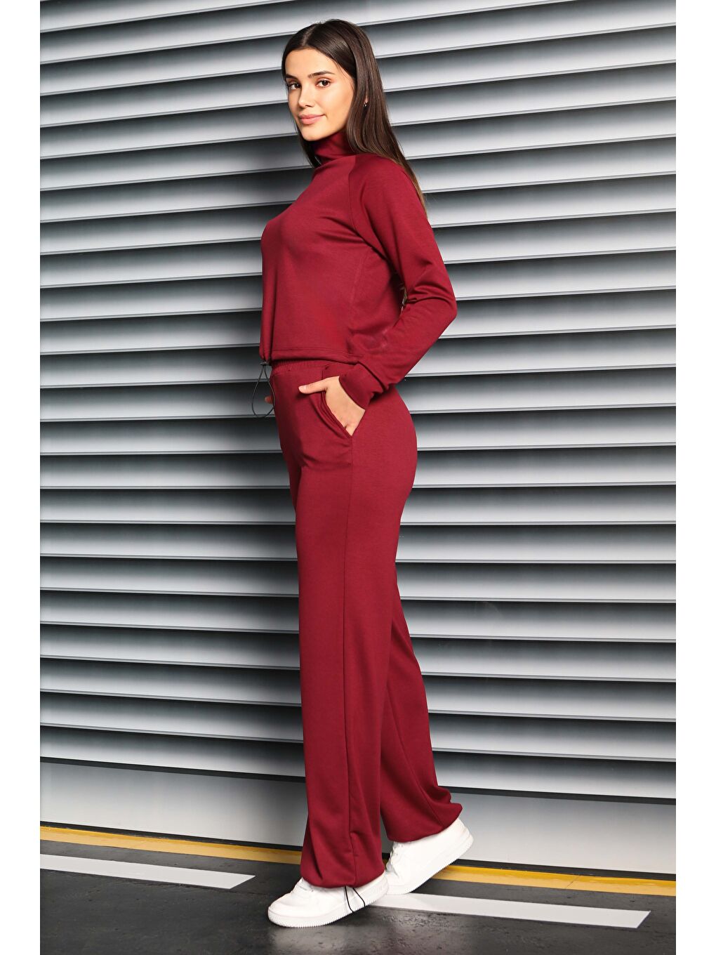 Beli Lastikli Detaylı Modal İkili Takım Bordo - 27876-BORDO-2