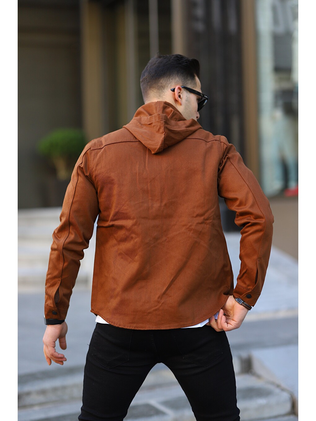Kahverengi Erkek Kapüşonlu Çıt Çıt Düğme ( Regular Fit ) Jean Gömlek-2
