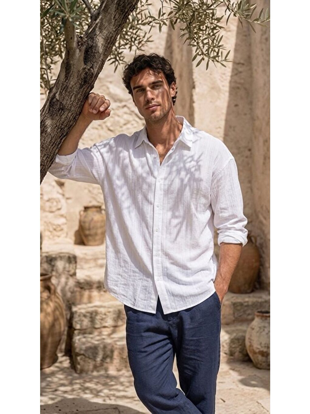 Beyaz Erkek Armürlü Yarım Oversize Müslin Gömlek-4