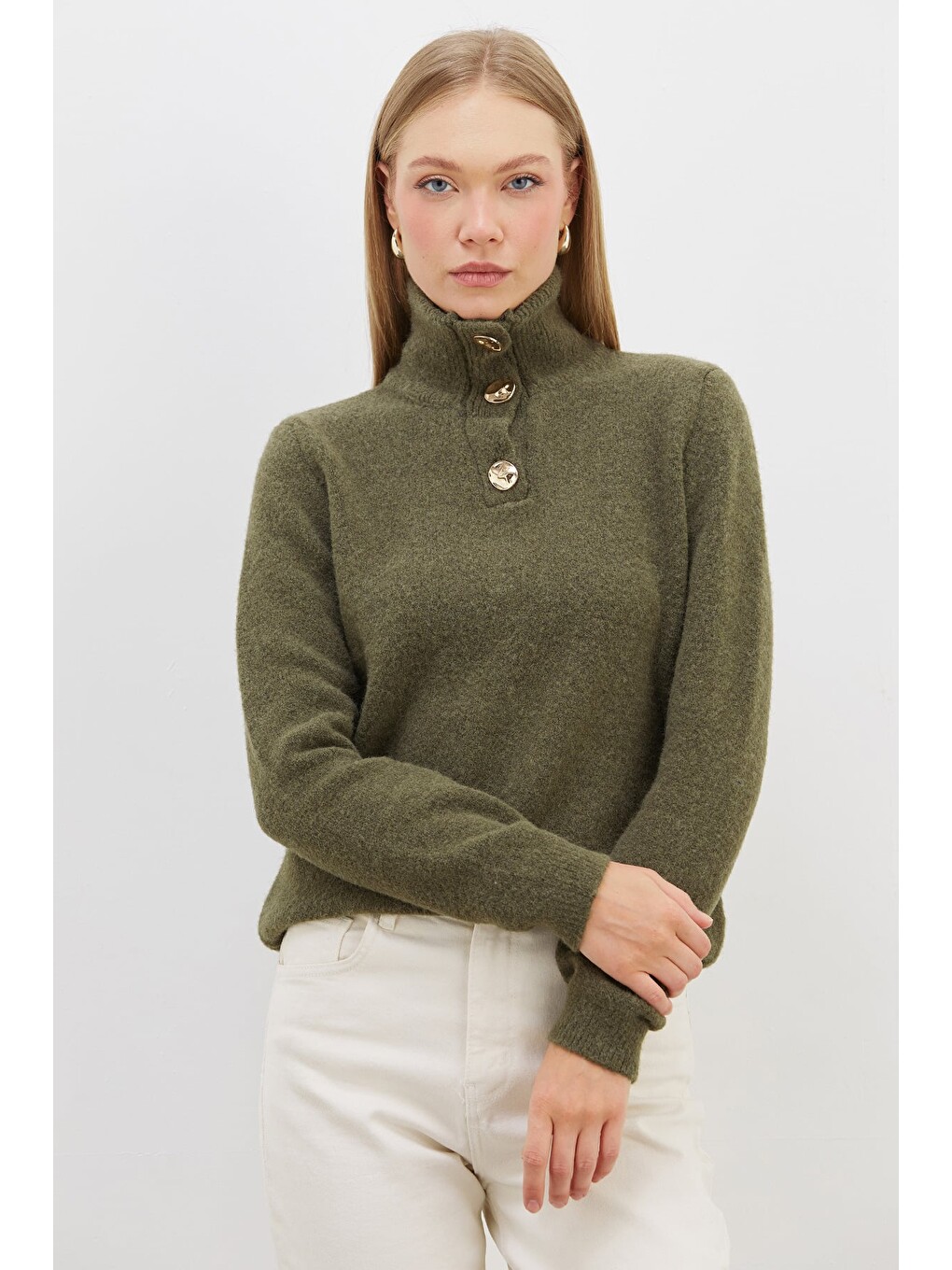 Haki Yarım Düğmeli Dik Yaka Triko Kazak-1