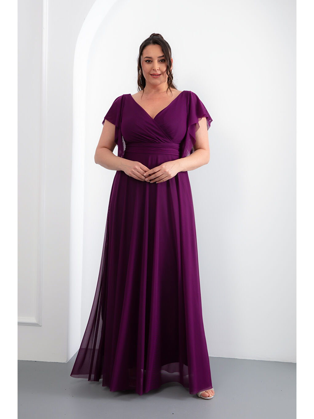 Kadın Mürdüm V Yaka Kısa Kollu Büyük Beden Uzun Abiye Elbise-1