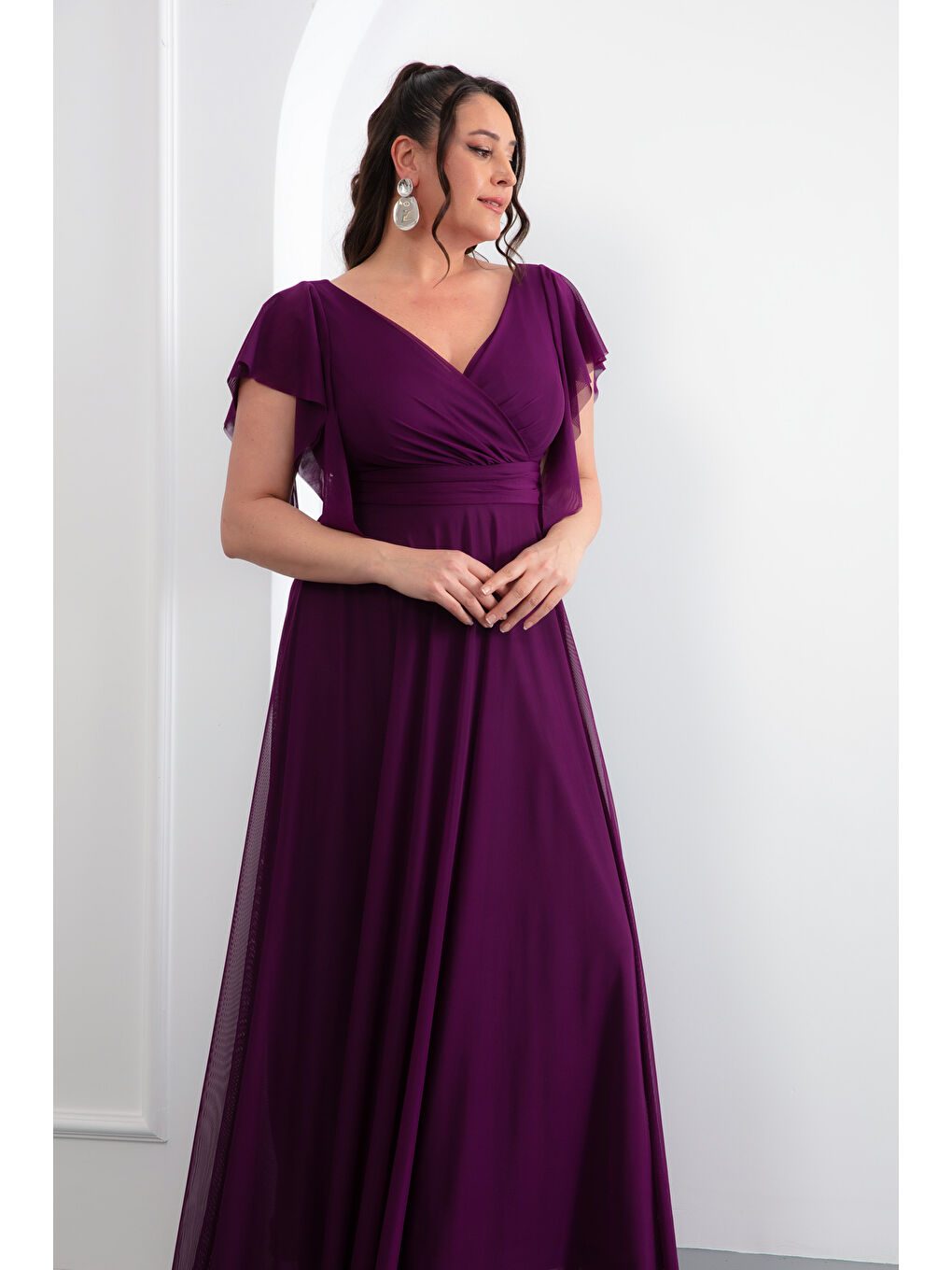 Kadın Mürdüm V Yaka Kısa Kollu Büyük Beden Uzun Abiye Elbise-2