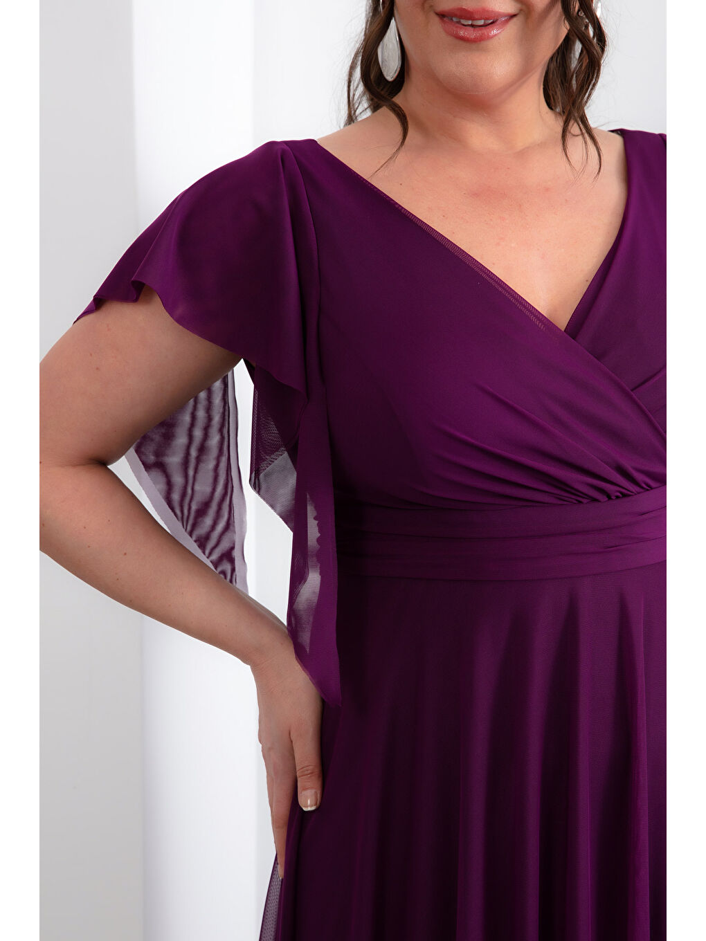 Kadın Mürdüm V Yaka Kısa Kollu Büyük Beden Uzun Abiye Elbise-3