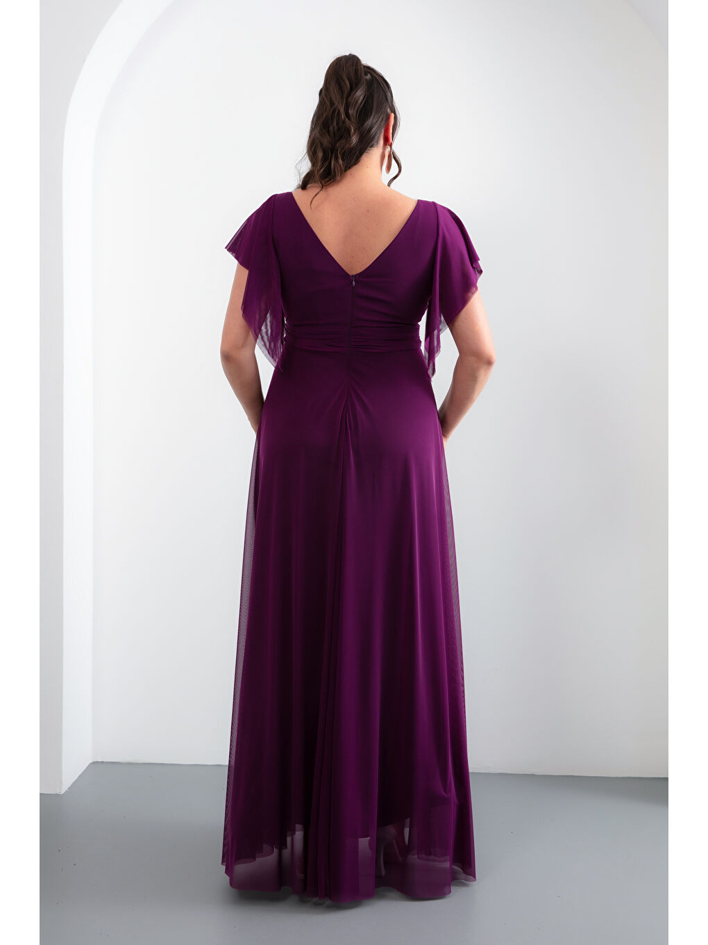 Kadın Mürdüm V Yaka Kısa Kollu Büyük Beden Uzun Abiye Elbise-4