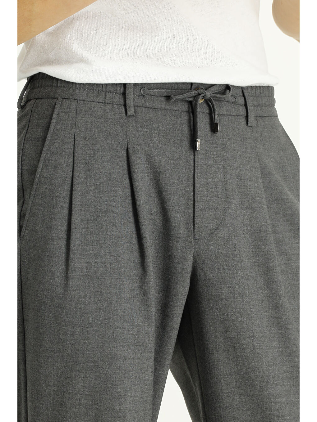Gri Regular Fit Beli Lastikli İpli Elastanlı Pileli Pantolon-3