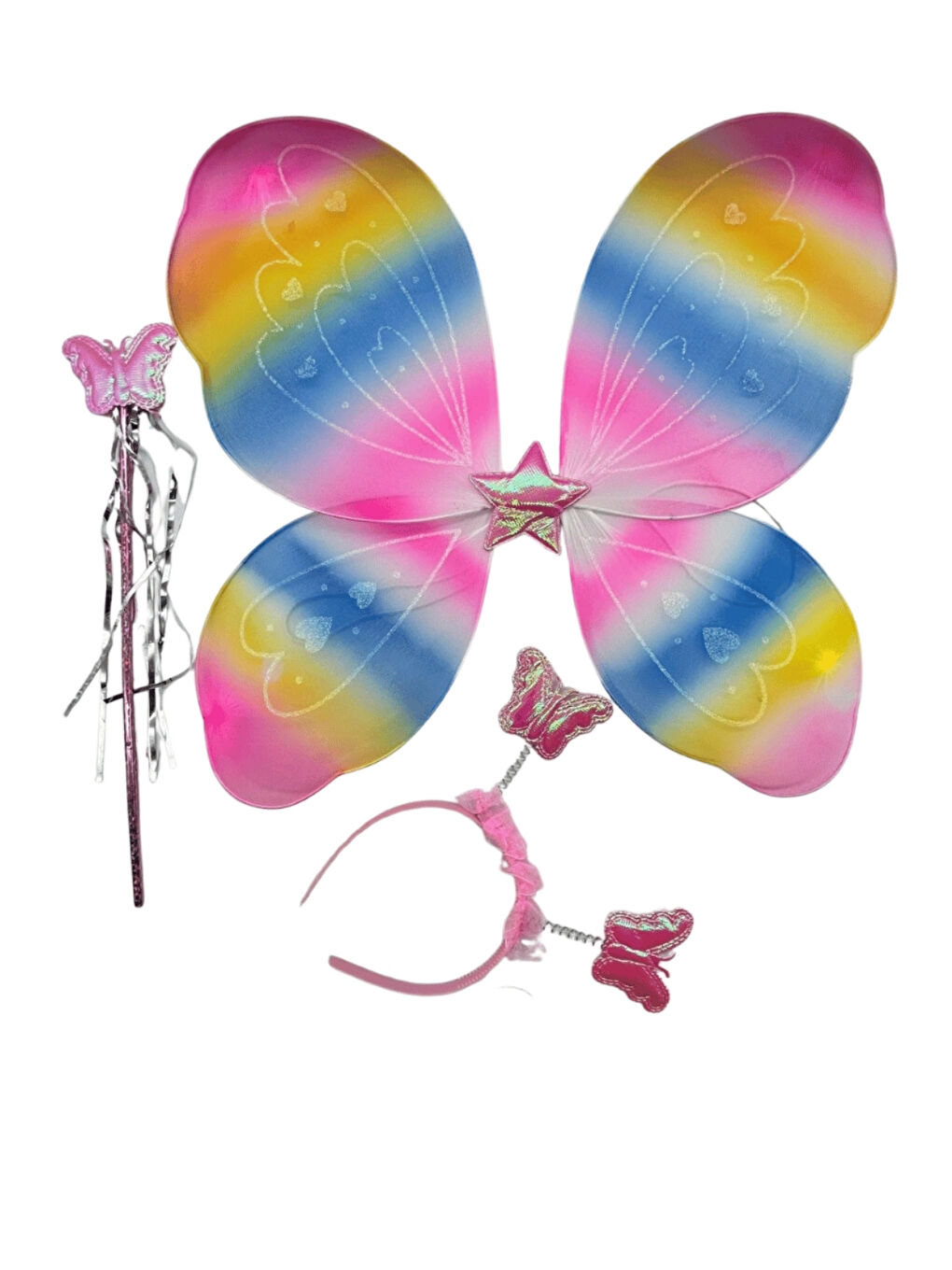 Karışık Çok Renkli Temalı Kelebek Kanat Asa ve Taç Set