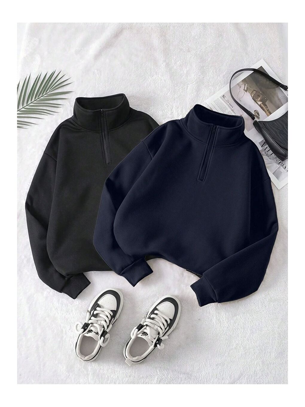 Trendseninle Kadın Lacivert Siyah Oversize Yarım Fermuarlı 2Li Sweatshirt Set